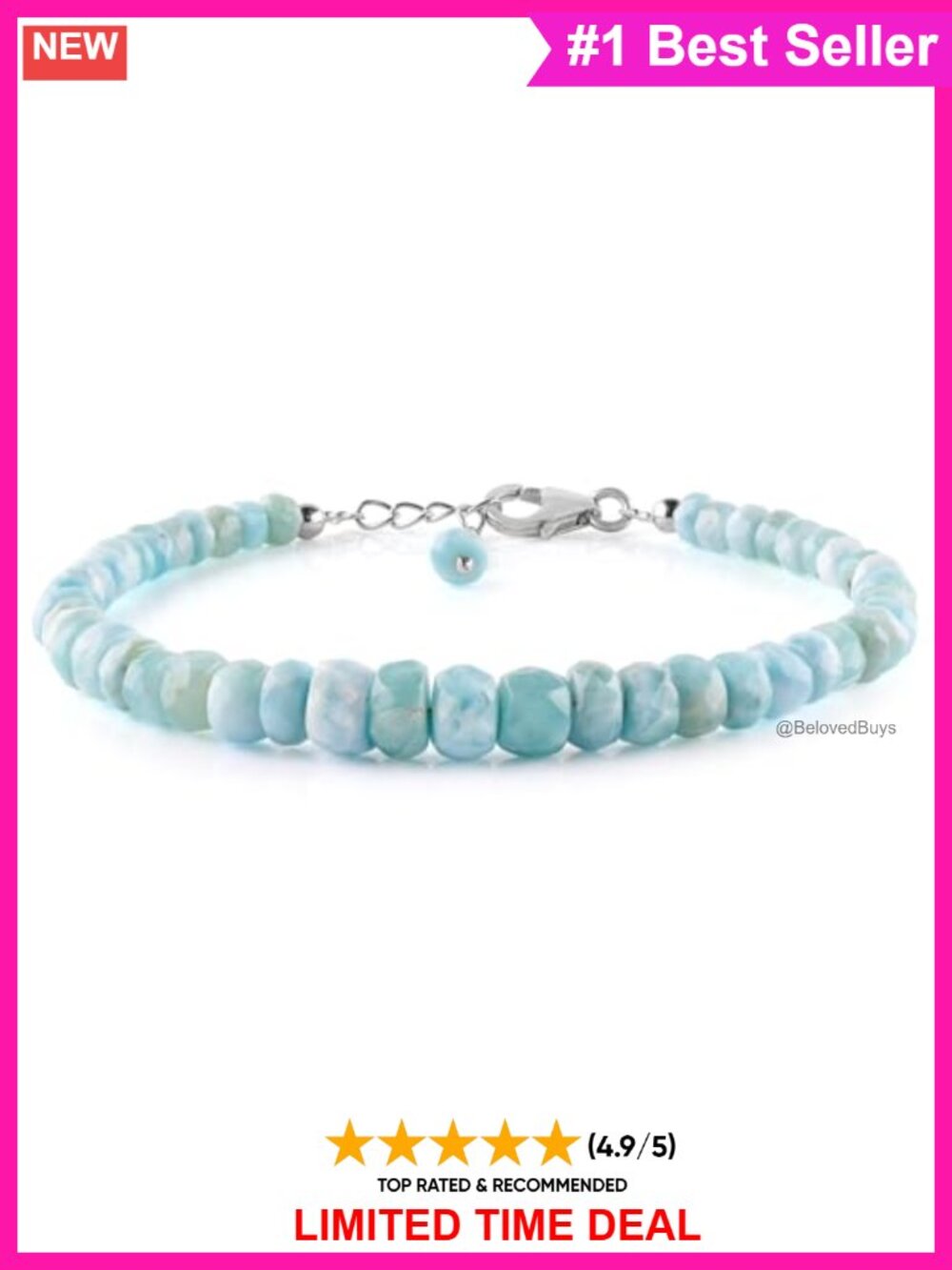 Larimar Gemstone Beaded Bracelet 925 Sterling Silver 8 inch Chakra Jewelry